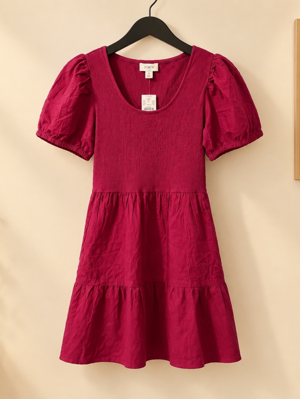 J. Crew women’s Raspberry Puff-Sleeve Tiered Dress